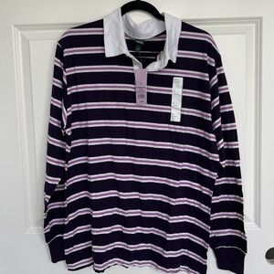 NWT Wild Fable raw hem long sleeve purple stripped polo shirt size medium